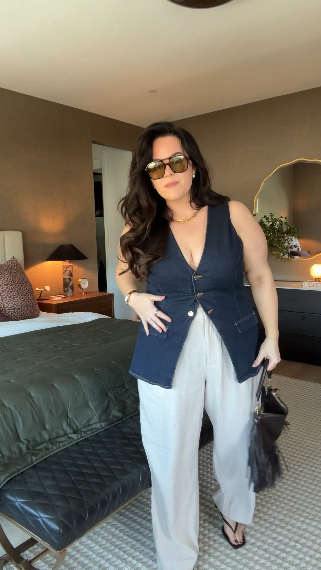 Vest- river island 
Pants- old navy linen 
Shoes- H&M 
Purse- Clare. V 
Glasses- Aire, from Revolve 
Watch- Amazon 
Ring- Amazon
Necklace- bracha
Bracelets- diamond one is Anthro, other bracelet not linkable
Earrings- Anthro 
Bra- skims 38DD push-up 
Undies-spanks undetectable XL


Deodorant- salt and stone, neroli and basil 
Brush- Oribe
Perfume- Burberry, Goddess and Commodity, Milk
Foundation- Giorgio Armani, luminous silk 5.9 
Blush- Rhode, sleepy girl 
Bronzer- Hourglass, Ambient, luminous bronze light 
Foundation brush- it cosmetics, heavenly lux complexion perfection 
Brow pencil- GXVE, hella on point 
Lip gloss- Dior, addict lip maximizer 

#LTKStyleTip #LTKSeasonal #LTKMidsize