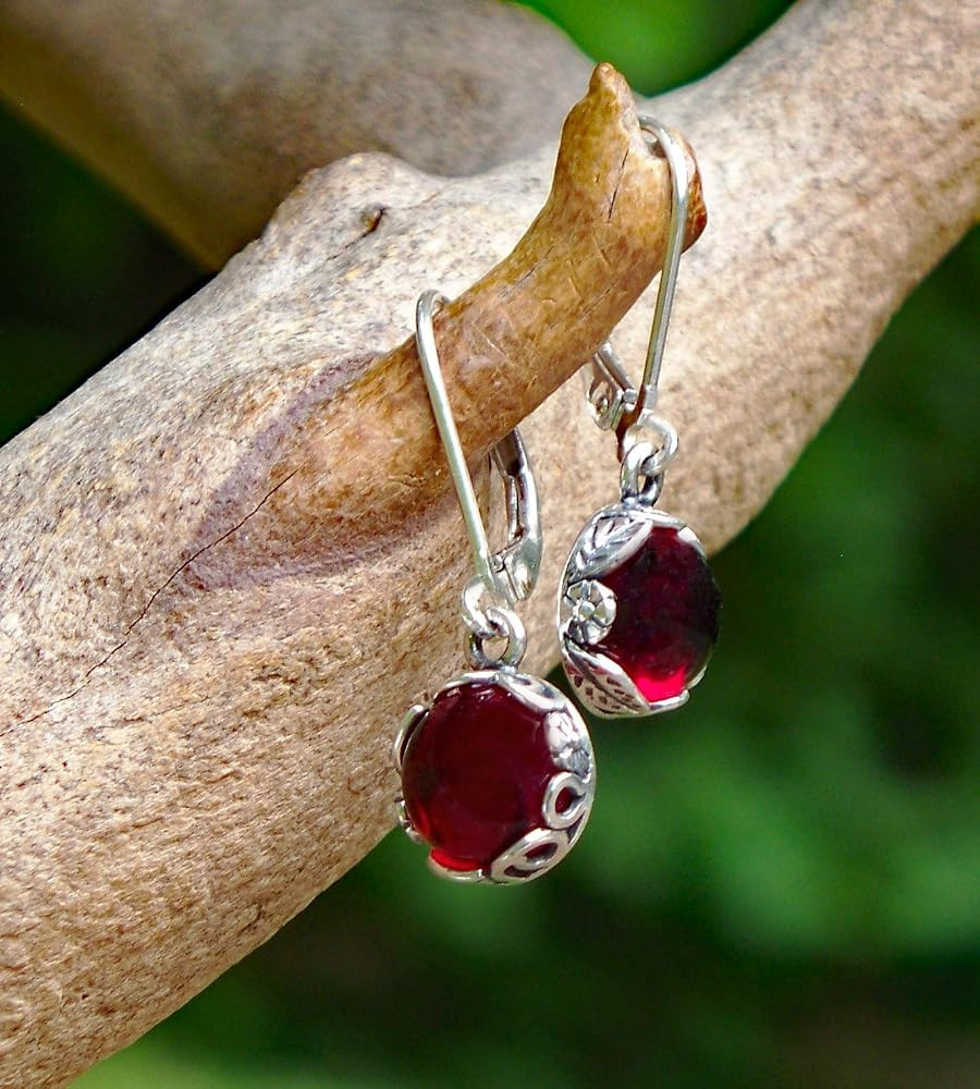 Recycled Vintage 1940's Red Beer Bottle Sterling Silver Botanical Leverback Earrings | Amazon (US)