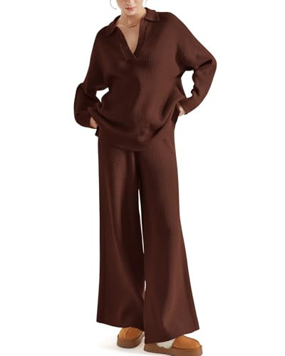 SUUKSESS Women 2 piece Fall outfits Long Sleeve Oversized Matching Lounge Set Waffle Knit Polo Sweater sets (Brown,S) | Amazon (US)