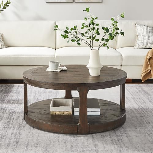 40'' Brown Round Coffee Table, Round End Table 2 Tier Wood Coffee Table Round Circle Coffee Table for Living Room, Traditional Retro Farmhouse Style Rounded Wooden Table for Office(ø40'' x 17.52'') | Amazon (US)