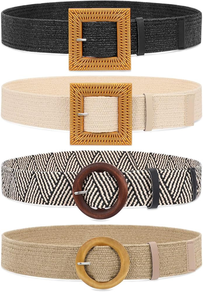 Set of 4 Straw Woven Elastic Stretch Waist Belts for Women, Fashion Boho Ladies Braided Skinny Dress | Amazon (US)