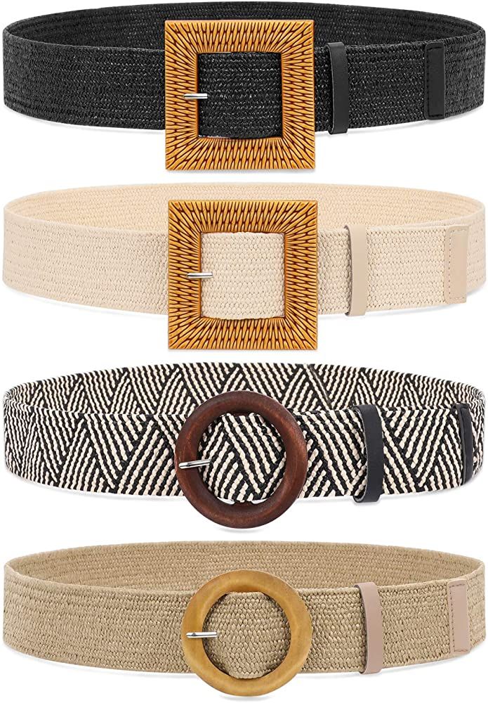 Set of 4 Straw Woven Elastic Stretch Waist Belts for Women, Fashion Boho Ladies Braided Skinny Dress | Amazon (US)