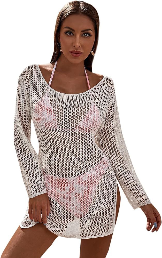 MakeMeChic Women's Crochet Cover Up Long Sleeve Knitted Beach Swimwear Cover Ups Dress | Amazon (US)