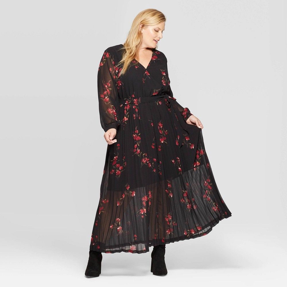 Women's Plus Size Floral Print Long Sleeve V-Neck Pleated Chiffon Wrap Maxi Dress - Ava & Viv Black  | Target