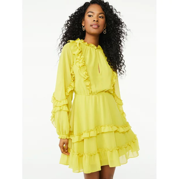 Scoop Women's Long Sleeve Ruffle Mini Dress - Walmart.com | Walmart (US)