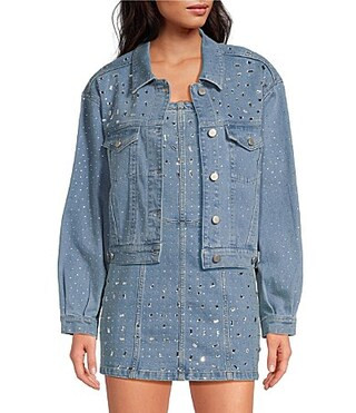 Gianni Bini Tara Point Collar Rhinestone Long Sleeve Denim Jacket - M | Dillard's
