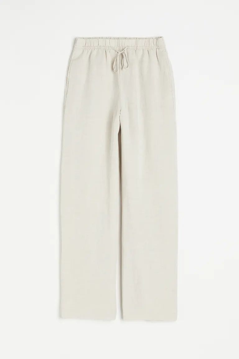 Linen-blend Pull-on Pants - Light beige/pinstriped - Ladies | H&M US | H&M (US + CA)