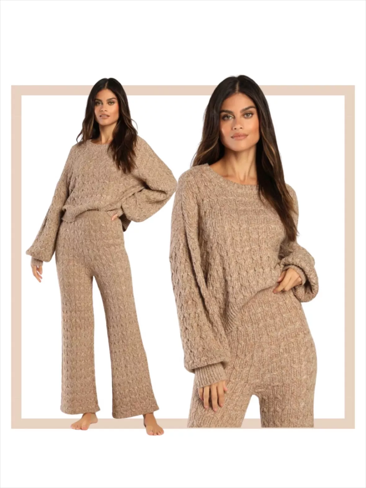 Twice the Cozy Taupe Cable Knit Wide-Leg Lounge Pants