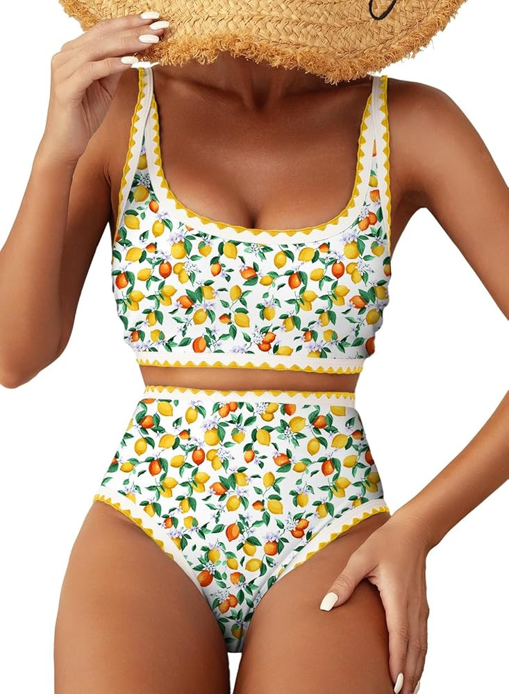 Herseas Women's Bikini Sets Floral Print Whip Stitch 2 Piece Swimsuits High Waisted Scoop Bathing... | Amazon (US)