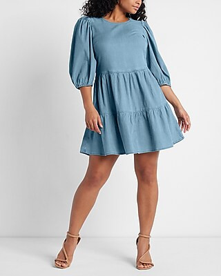 Denim Tiered Trapeze Dress | Express