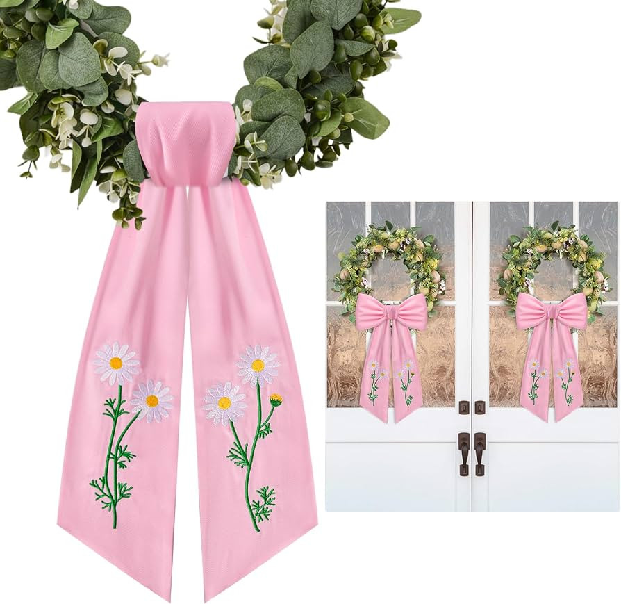 2 Pack Daisy Floral Wreath Sash for Front Door Embroidery Spring Flower Ribbon Sash for Spring Ea... | Amazon (US)