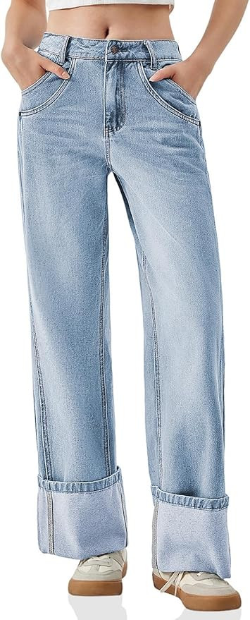 PLNOTME Womens Baggy Jeans Boyfriend Wide Leg Trendy Casual Low Rise Cuffed Hem Denim Pants with ... | Amazon (US)