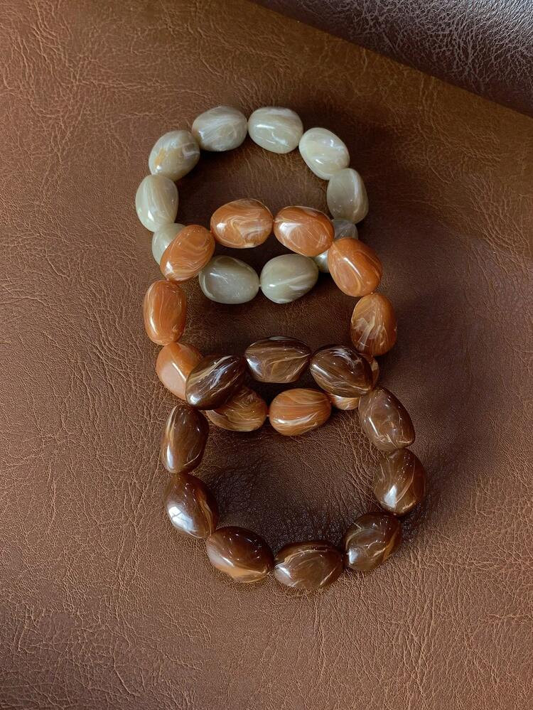 3pcs Set Fashion Vintage Bohemian Thick Multi-Layer Brown Acrylic Beaded Bracelet Gold Crushed St... | SHEIN