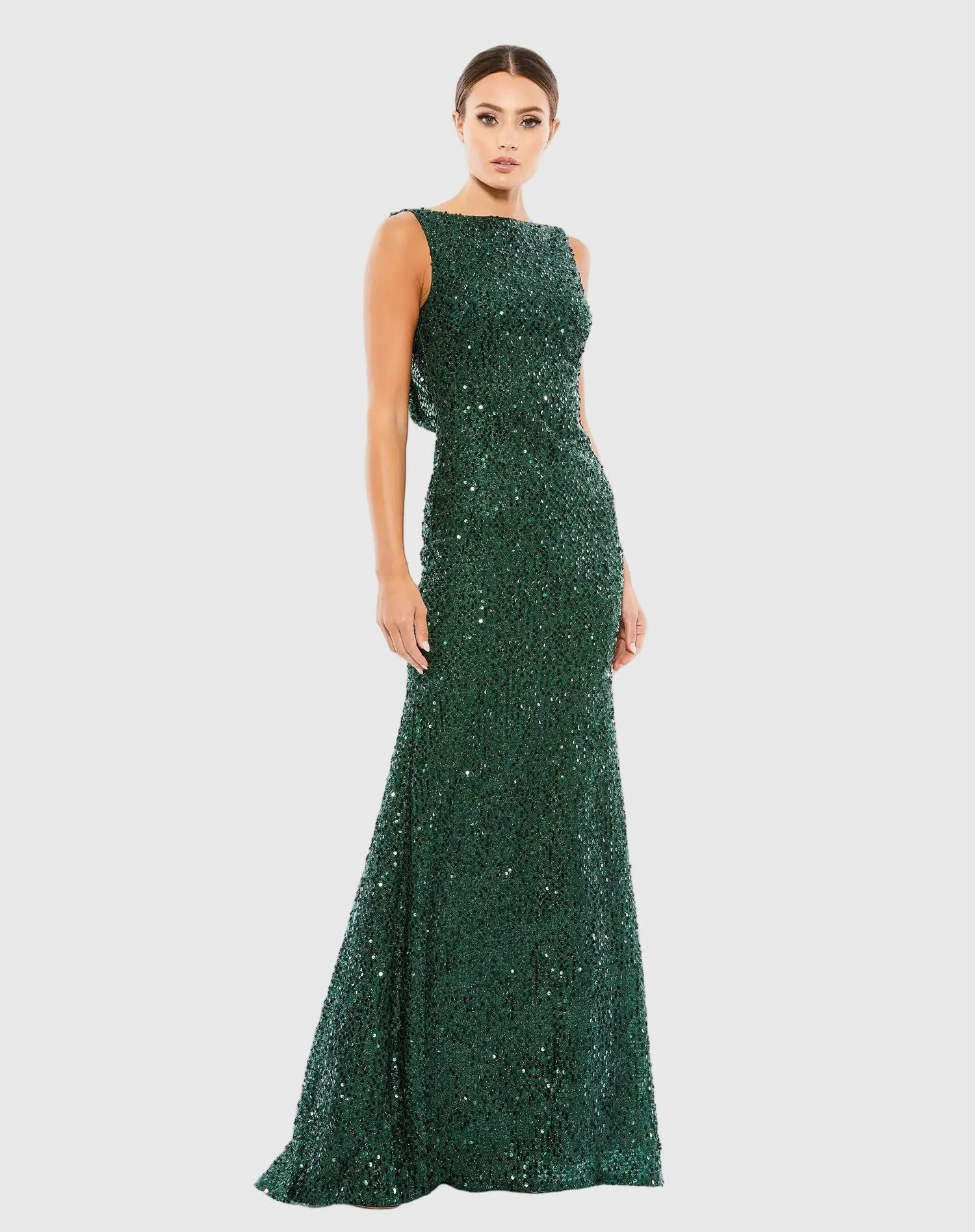Petite Green Cowl Back Boat Neck Sequined Evening Gown | Mac Duggal | Mac Duggal