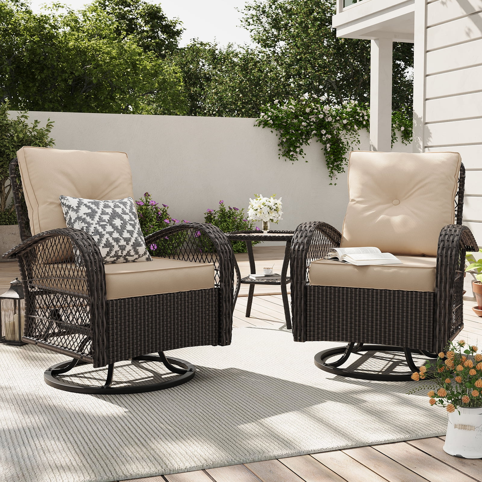 ELPOSUN 3 Pieces Patio Furniture Set, Outdoor Swivel Gliders Rocker, Wicker Patio Bistro Set with... | Walmart (US)