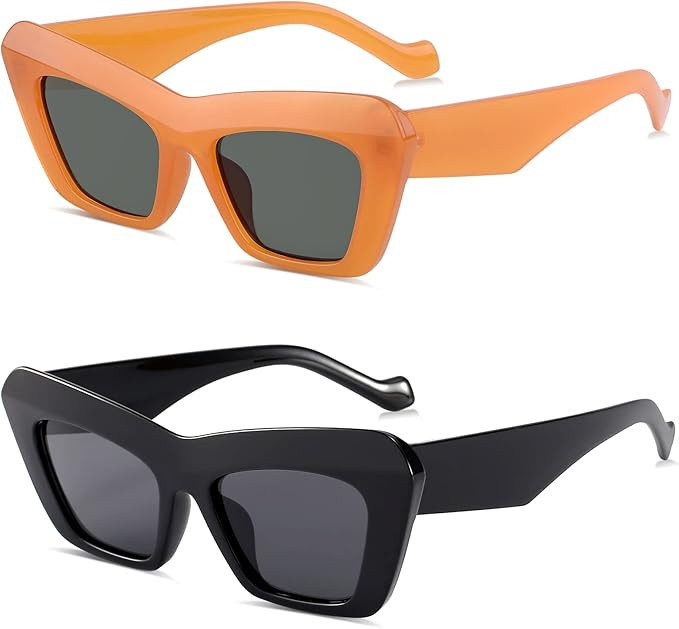 Vintage Square Cat Eye Sunglasses for Women 2 PCS Trendy Retro Cateye Frames 70s Eyeglasses | Amazon (US)