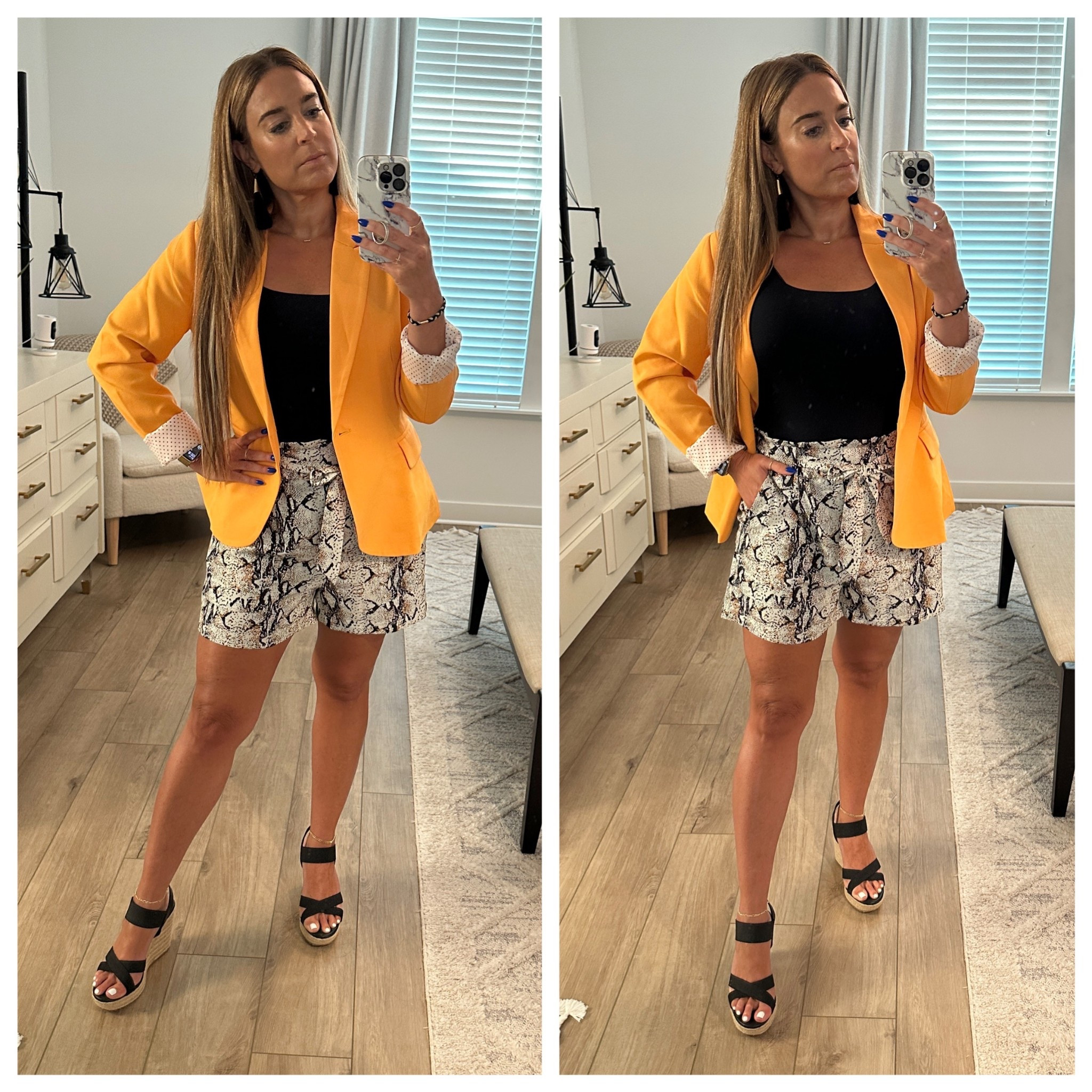 A fun and colorful 💛 way to dress up these snake 🐍 print dress shorts with a blazer and wedges and still be so comfortable for summer weather ☀️ 

#LTKMidsize #LTKWedding #LTKWorkwear