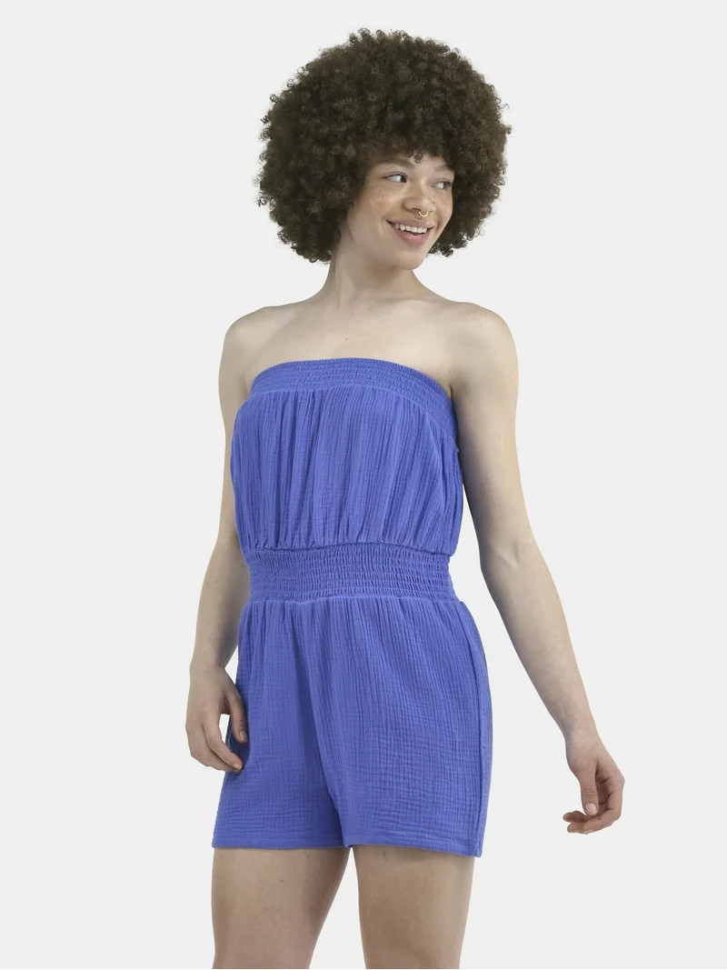 No Boundaries Cotton Smocked Waist Strapless Romper, Women's | Walmart (US)