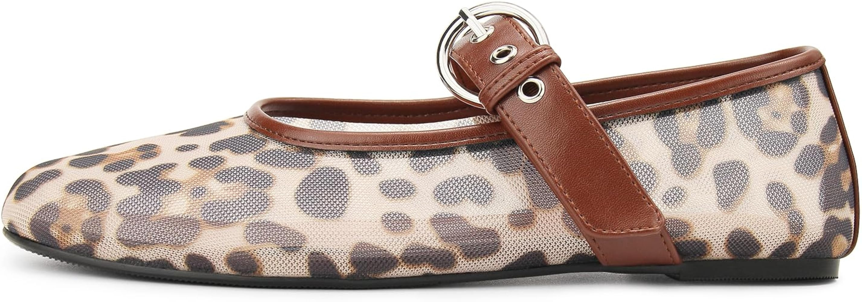 Leopard Mesh Ballet Flats for Women Round Toe Buckle Flats Slip on Mesh Mary Jane Flats Comfortab... | Amazon (US)