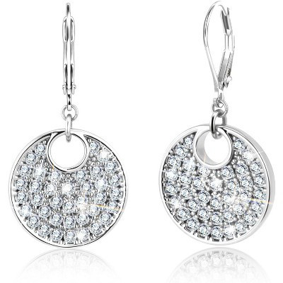 Sterling Silver Disc Dangle Earrings with Cubic Zirconia, Hypoallergenic Leverback Circle Coin Drop Jewelry for Women Silver One Size | Target