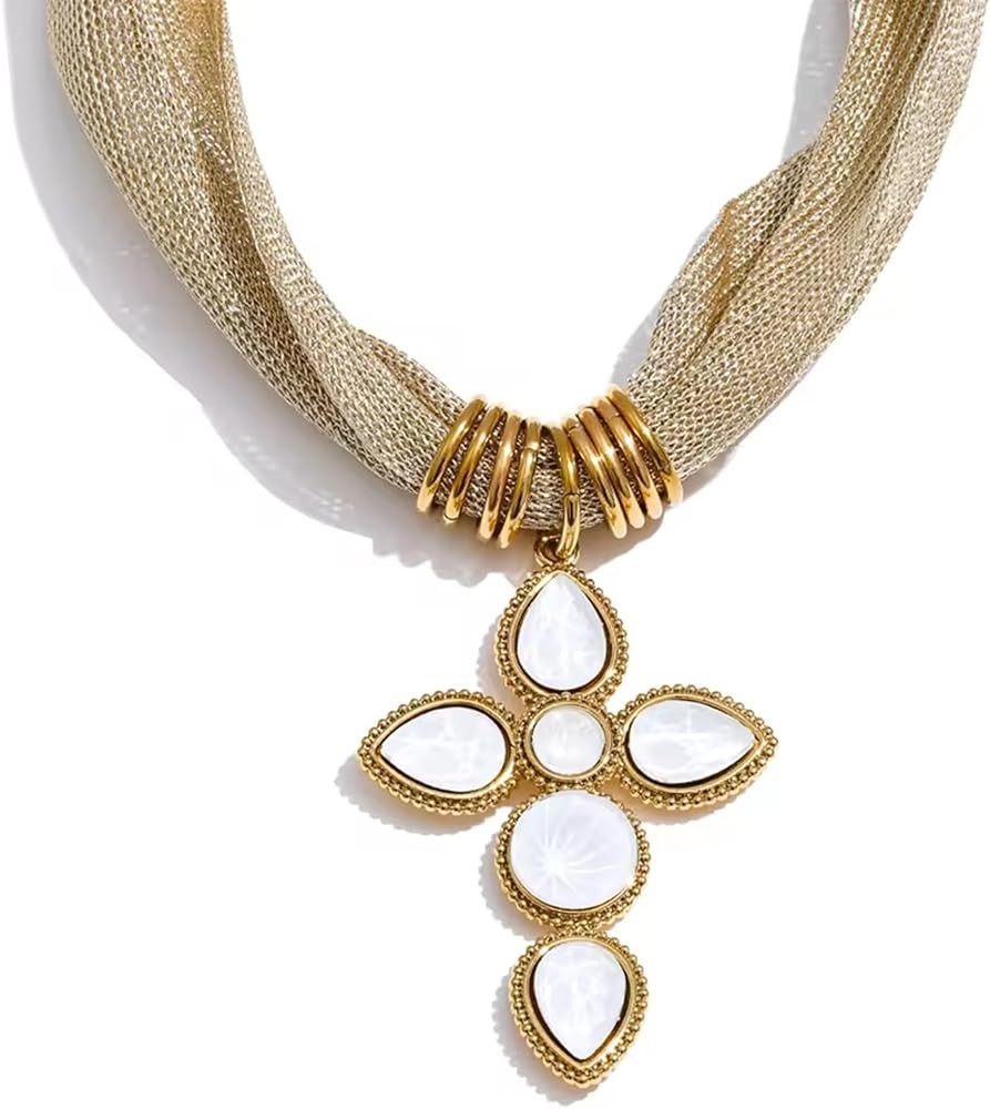Mchic Statement Necklace for Women Trendy: Sparkly Mesh Fabric Chain with Dainty Glass Stone Cros... | Amazon (US)