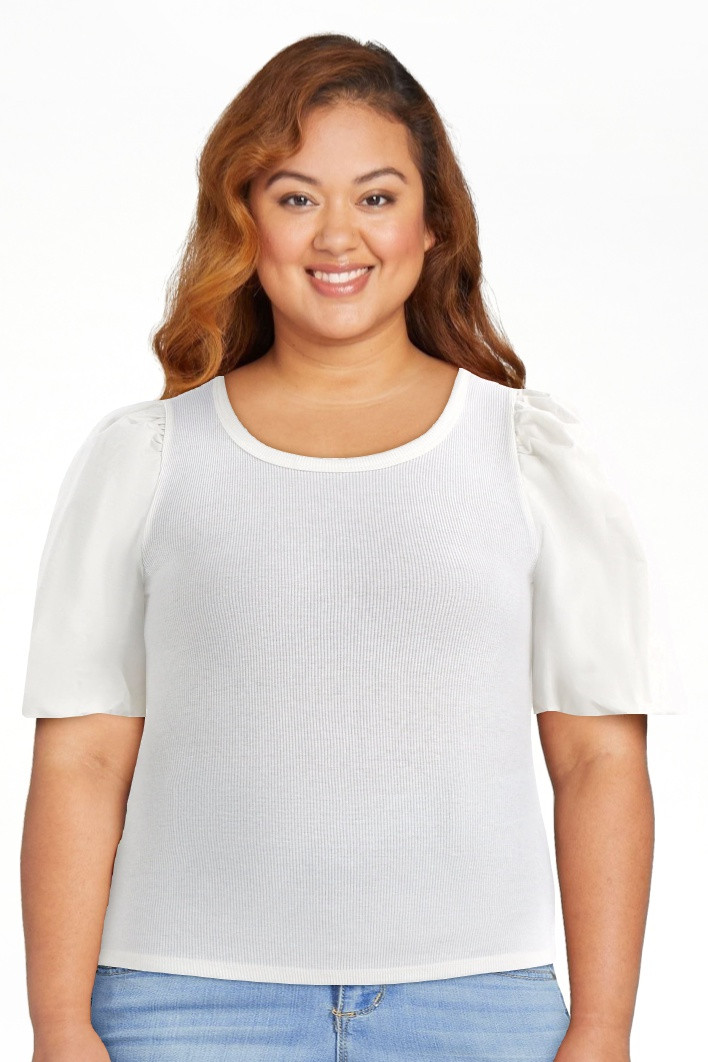 Time And Tru Women's Mixed Media Top with Short Puff Sleeves, Sizes XS-XXXL | Walmart (US)