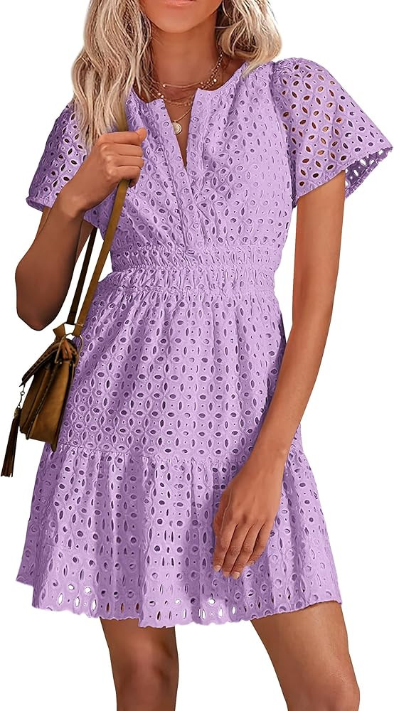 PRETTYGARDEN Womens 2025 Summer Short Dress V Neck Short Sleeve A Line Hollow Out Lace Ruffle Cut... | Amazon (US)