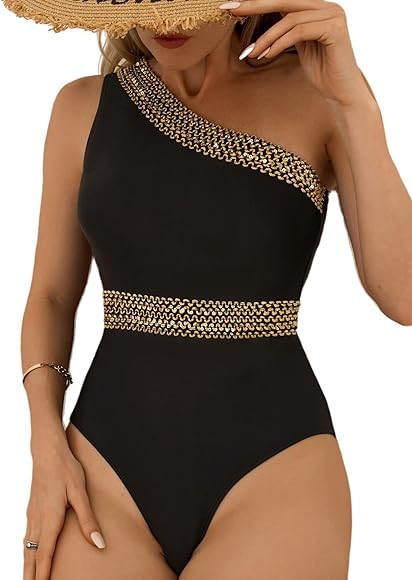MakeMeChic Women's One Piece Bathing Suit One Shoulder Contrast Trim One Piece Swimsuit | Amazon (US)
