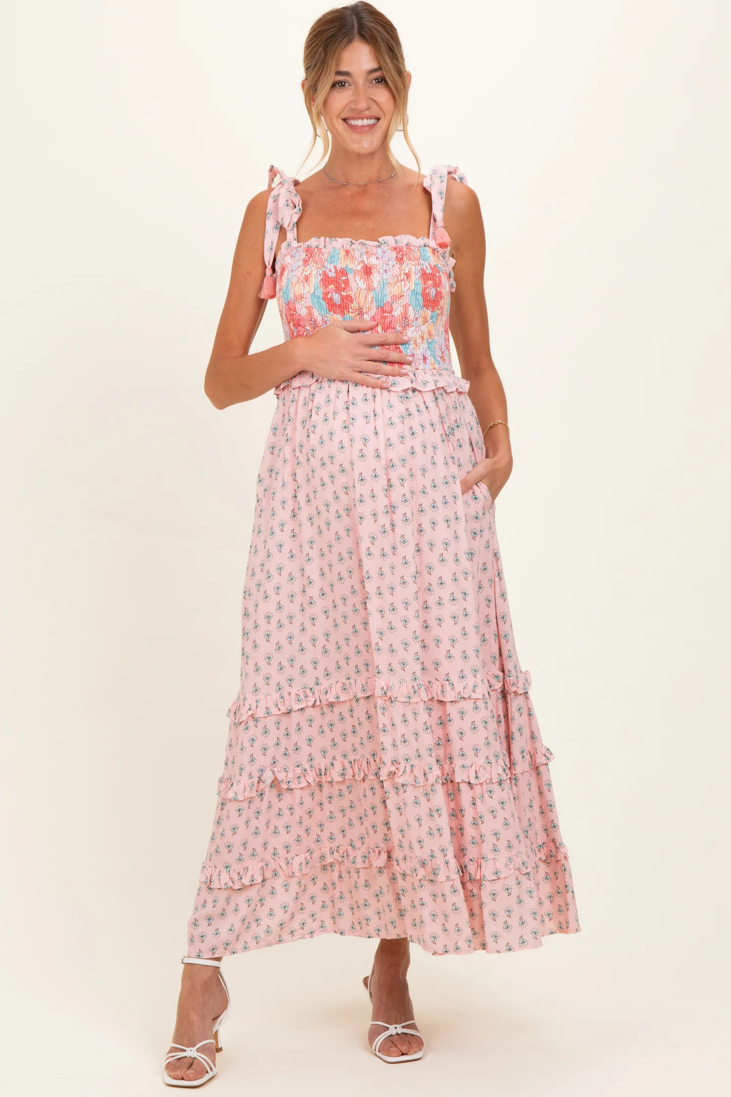 Pink Peach Multi Floral Smocked Maternity Midi Dress | PinkBlush Maternity