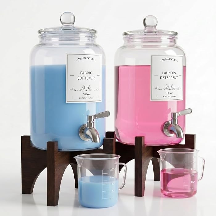 Glass Laundry Detergent Dispenser, 108oz (2 Pack) with Stainless Steel Faucet & Solid Wood Stand ... | Amazon (US)