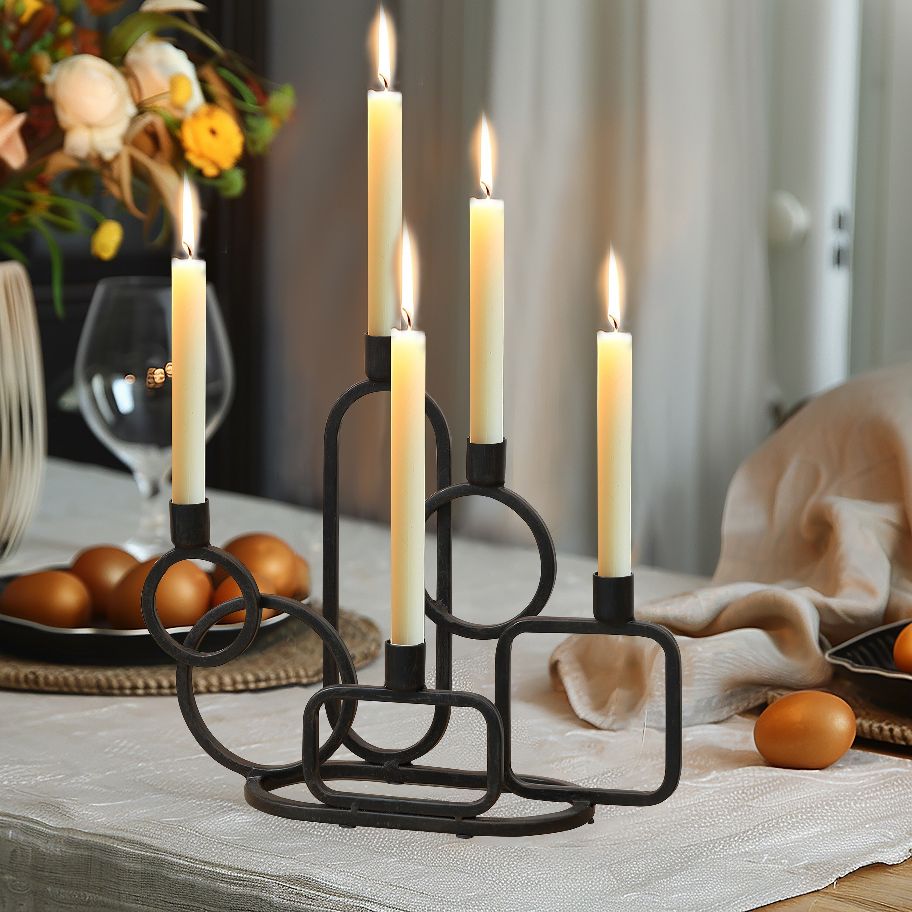 Black Metal 5-Taper Candle Holder Tabletop Sculpture - 10.4" H x 12.8" W x 4.8"D | Bed Bath & Beyond