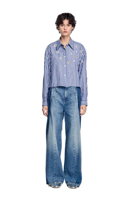 SANDRO Beaded striped shirt in Blue at Nordstrom, Size Large | Nordstrom