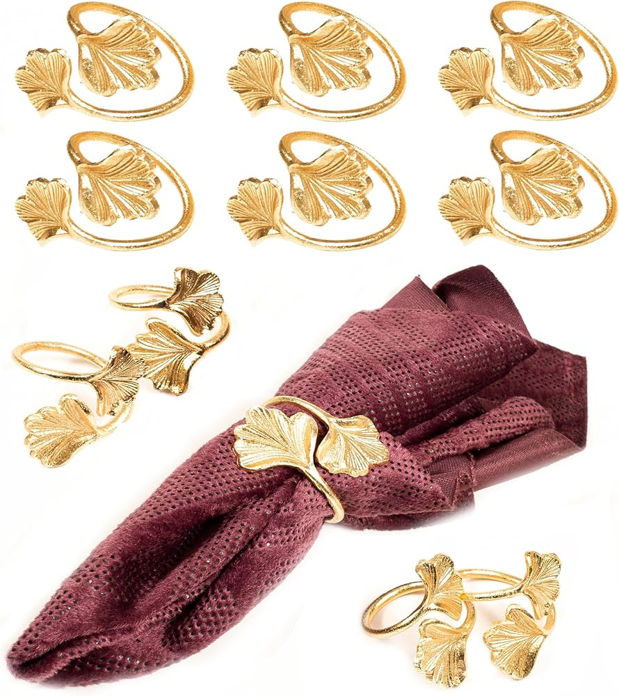 Elegant Gold Ginkgo Leaf Napkin Rings – Set of 10 Decorative Aluminum Alloy Serviette Holders f... | Amazon (US)