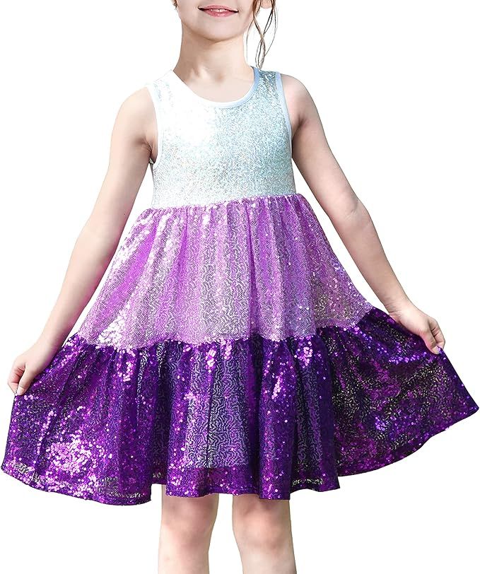Sunny Fashion Girls Dress Silver Purple Shiny Glitter Sequin Color Block Sleeveless | Amazon (US)