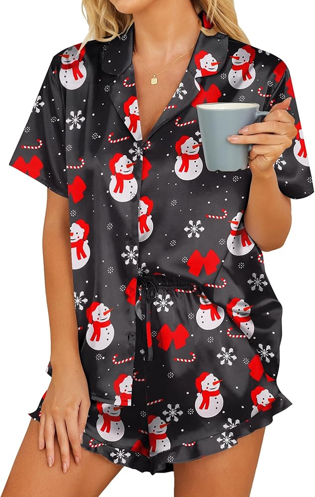 HOTOUCH Womens Satin Pajamas Set Button Down 2 Piece Silk Pjs Shorts Set Ruffle Lingerie Notch Co... | Amazon (US)