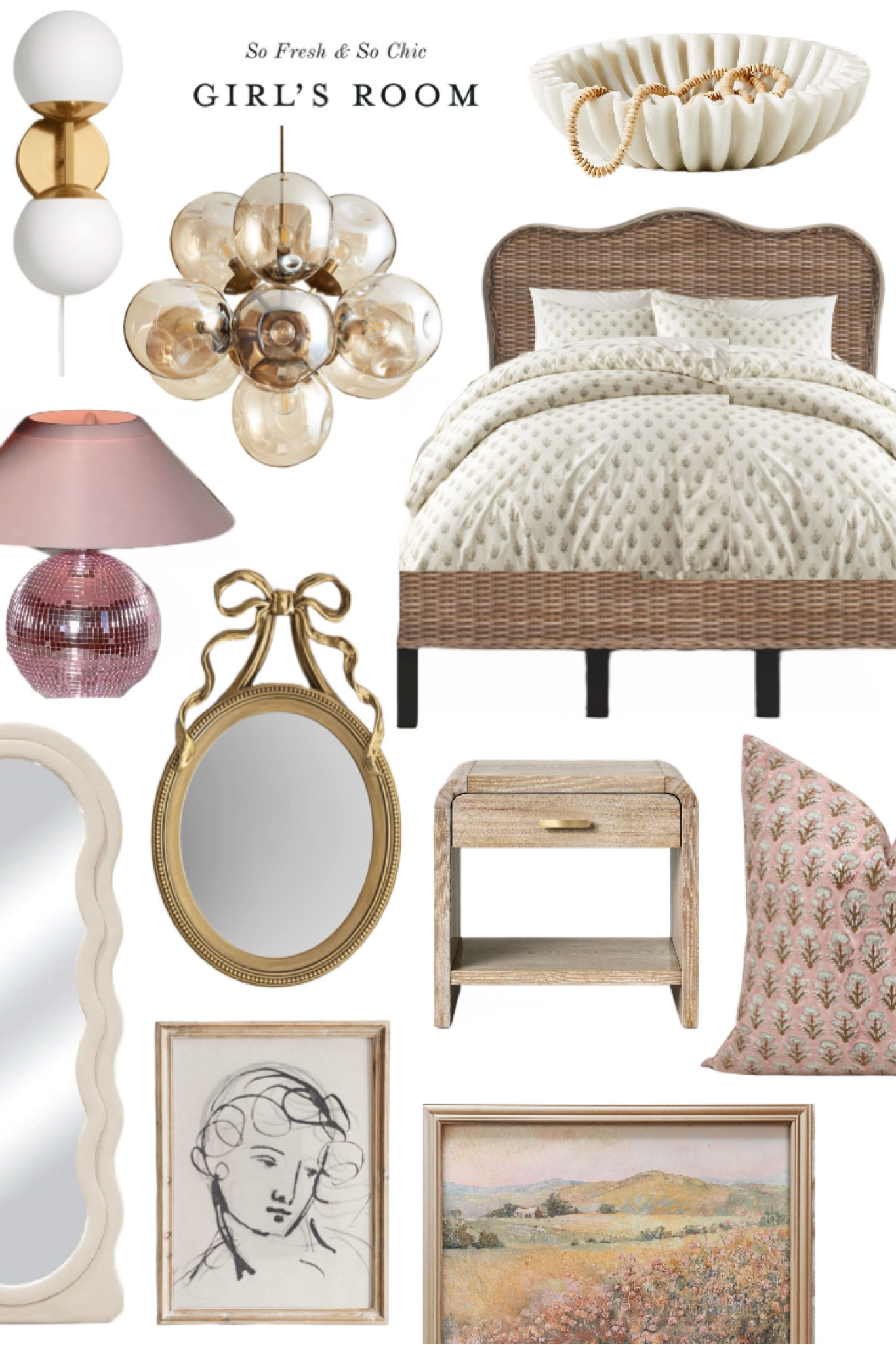 Pastel girl’s room moodboard- High and low finds! 
-
Teen girls room - tween girls room - pastel room decor - dorm room decor - rifle paper co Loloi rug - cloudpile rug - wicker bed - curved nightstands target opalhouse - wood and rattan dresser - vintage art pastel landscape - vintage line art portrait - affordable art - Etsy finds - etsy digital art - wavy floor length mirror - Amazon home finds - gold frame oval mirror with bow - pottery barn teen - pb teen loveshackfancy decor - globe wall sconces target - affordable lighting - champagne glass globe chandelier - statement chandelier - pink disco table lamp urban outfitters home decor -
Dorm room lighting - affordable pink table lamp - marble ruffled bowl affordable Amazon home finds 

#LTKFindsUnder100 #LTKHome #LTKKids