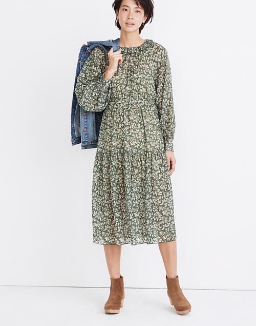 Ruffle-Neck Tiered Midi Dress in Forest Leaves | Madewell