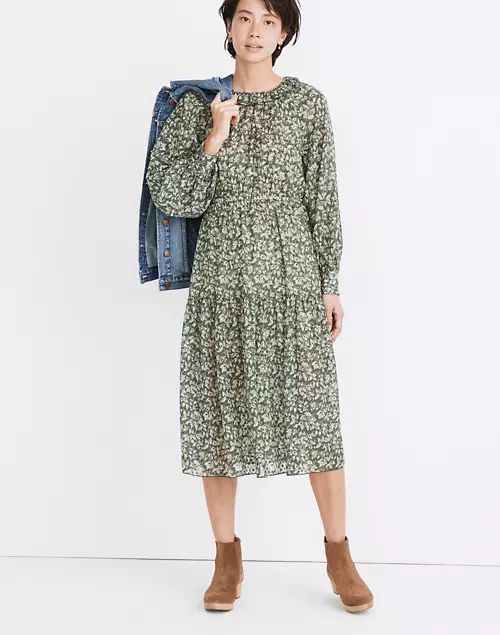 Ruffle-Neck Tiered Midi Dress in Forest Leaves | Madewell
