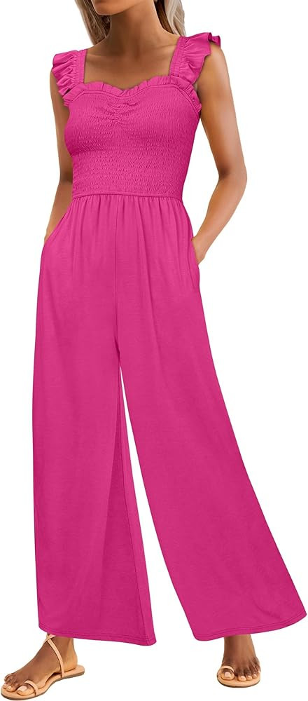 Caracilia Womens Summer Casual Jumpsuit Sleeveless Ruffle Smocked Wide Leg Rompers 2025 Trendy On... | Amazon (US)