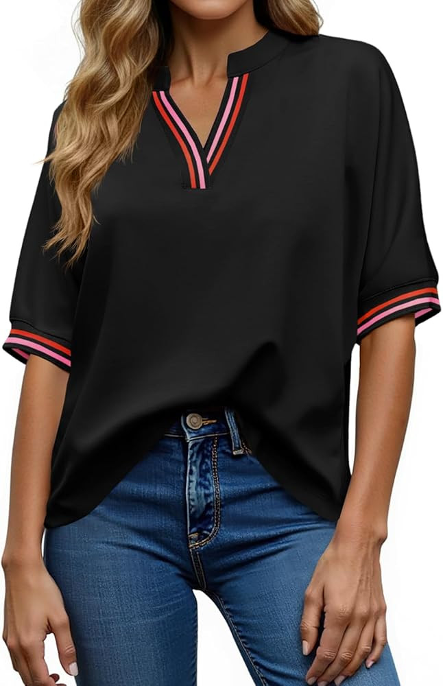 Tankaneo Womens Oversized T Shirt Casual V Neck Half Sleeve Color Block Work Tops Loose Fit Tunic... | Amazon (US)