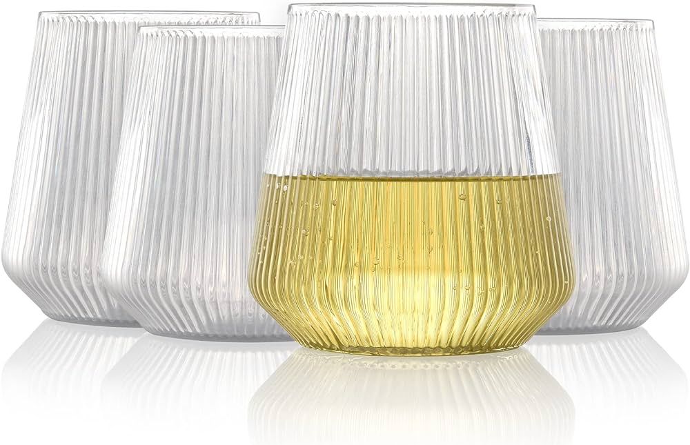 Hotder Plastic Wine Glasses Set of 4, 16 OZ Tritan Stemless Wine Glasses Unique Vertical Design, ... | Amazon (US)