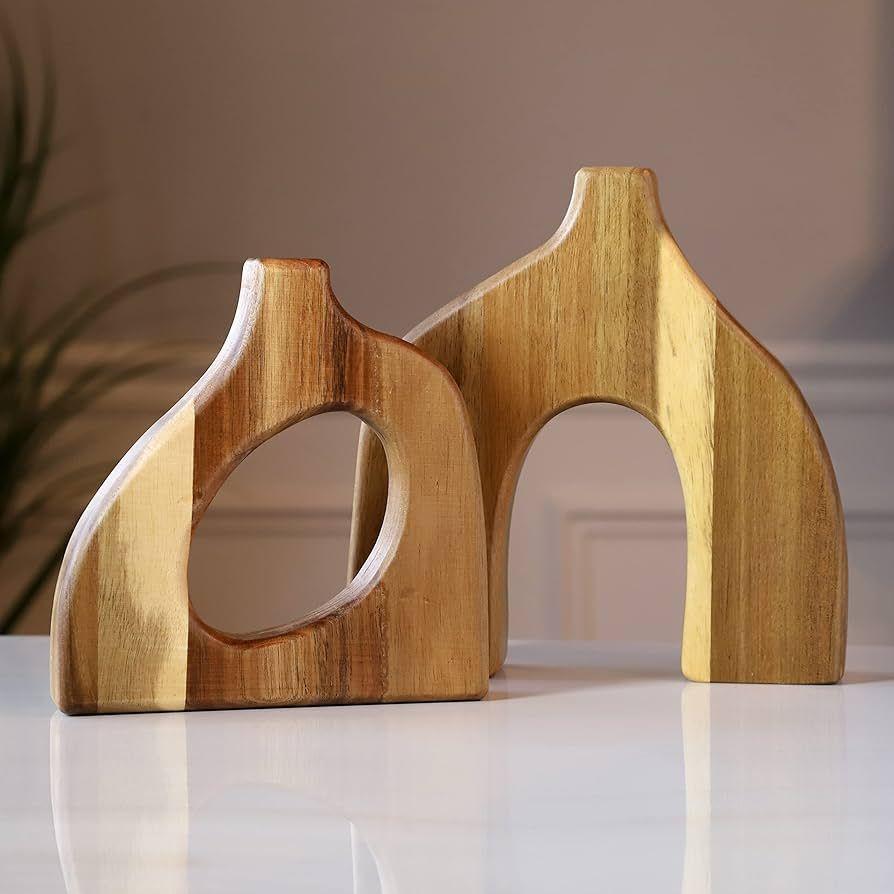 Decorative Vases Set - Pack of 2 Wood Vase for Tables, Shelves, or Mantles - Boho Vase Display fo... | Amazon (US)