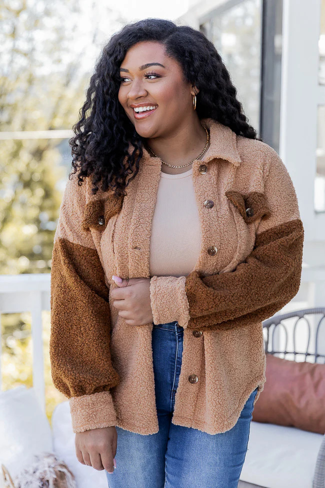 Don't Waste A Moment Brown Colorblock Sleeve Teddy Jacket | Pink Lily