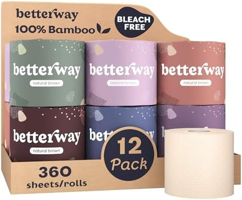 Betterway Unbleached Bamboo Toilet Paper Rolls - Eco-Friendly 3 Ply Toilet Tissue - 12 Long-Lasti... | Amazon (US)