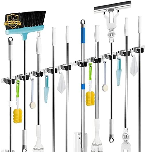 2 Pack Mop Broom Holder Wall Mount, 5 Racks and 4 Hooks Broom Organizer Storage Tool Racks Stainl... | Amazon (US)