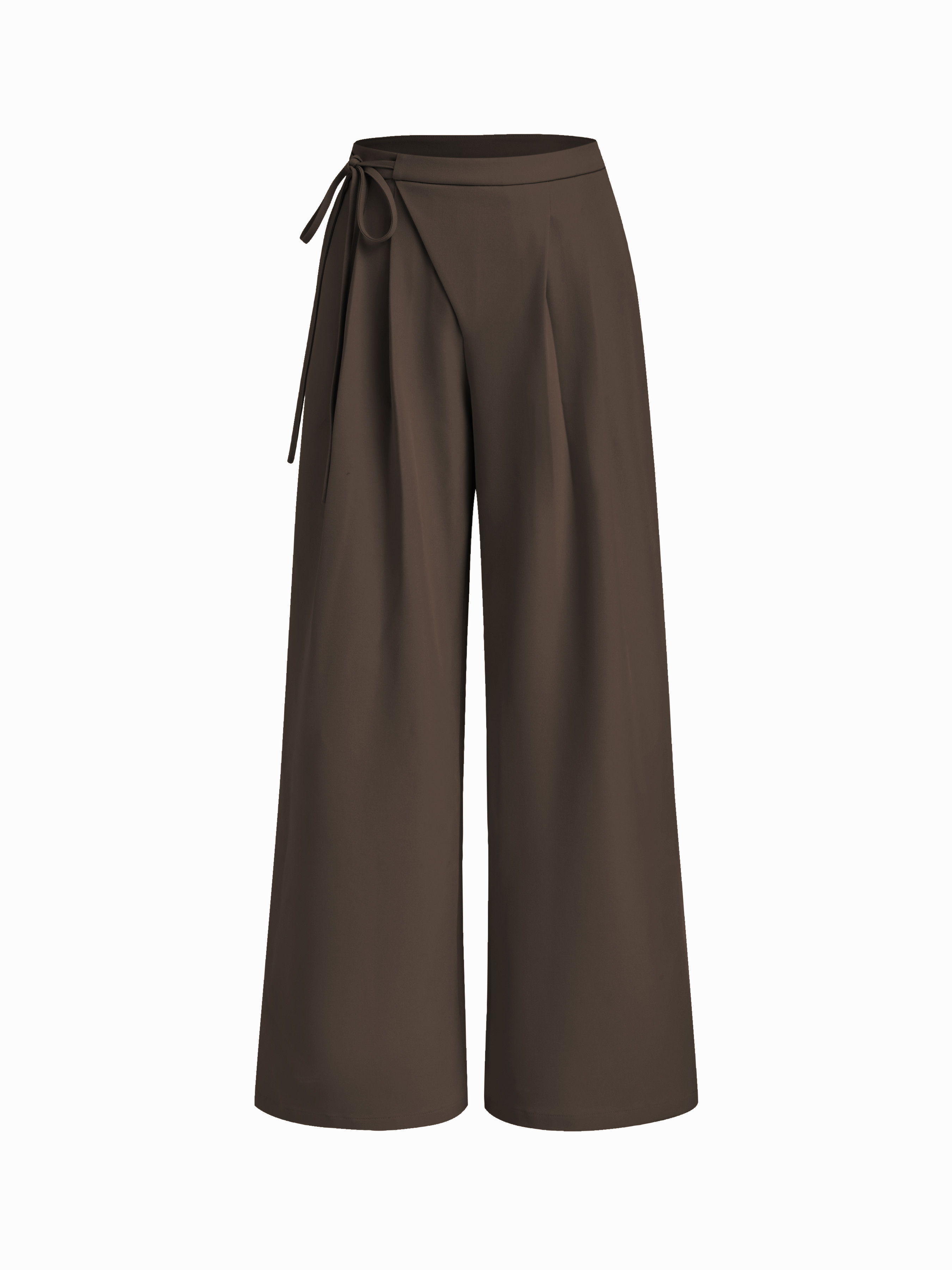 Woven Mid Rise Tie Side Knotted Pleated Wide Leg Trousers For Work | Cider