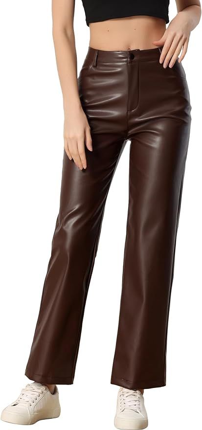 Allegra K Faux Leather Pants for Women's High Waist Straight Leg Punk PU Trousers | Amazon (US)
