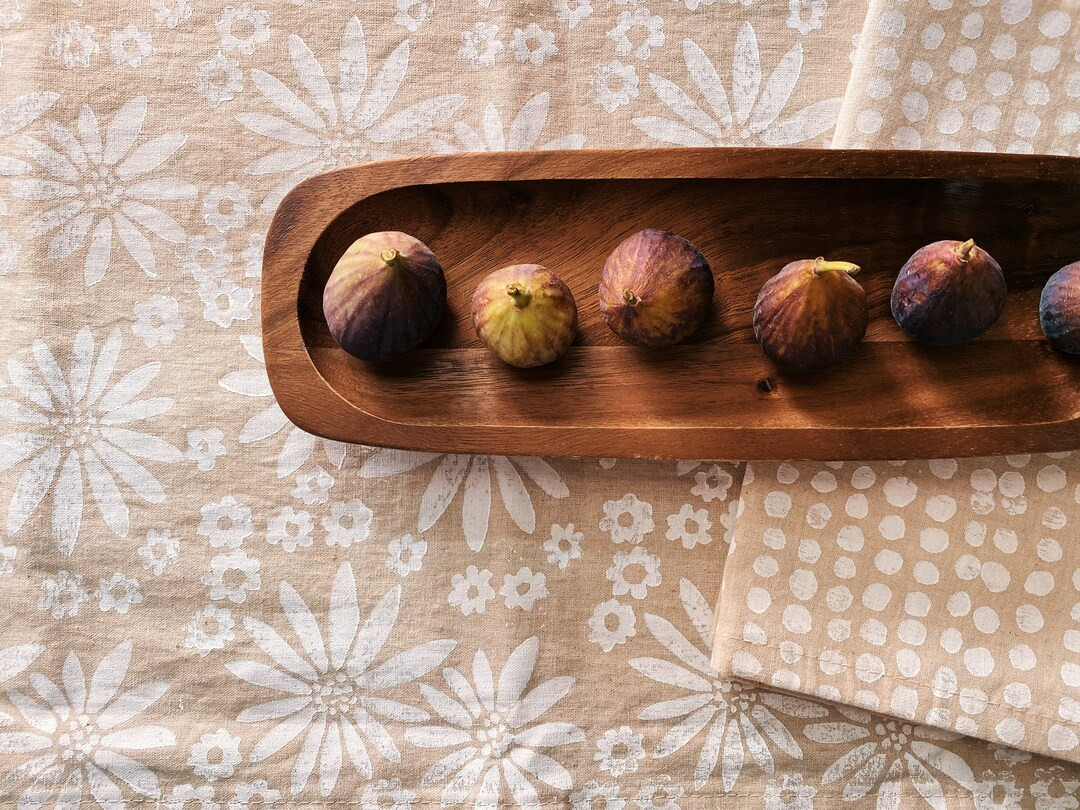 neutral florals. hand block printed linen table runner. hostess gift. tablecloth. organic. 72 96 ... | Etsy (US)