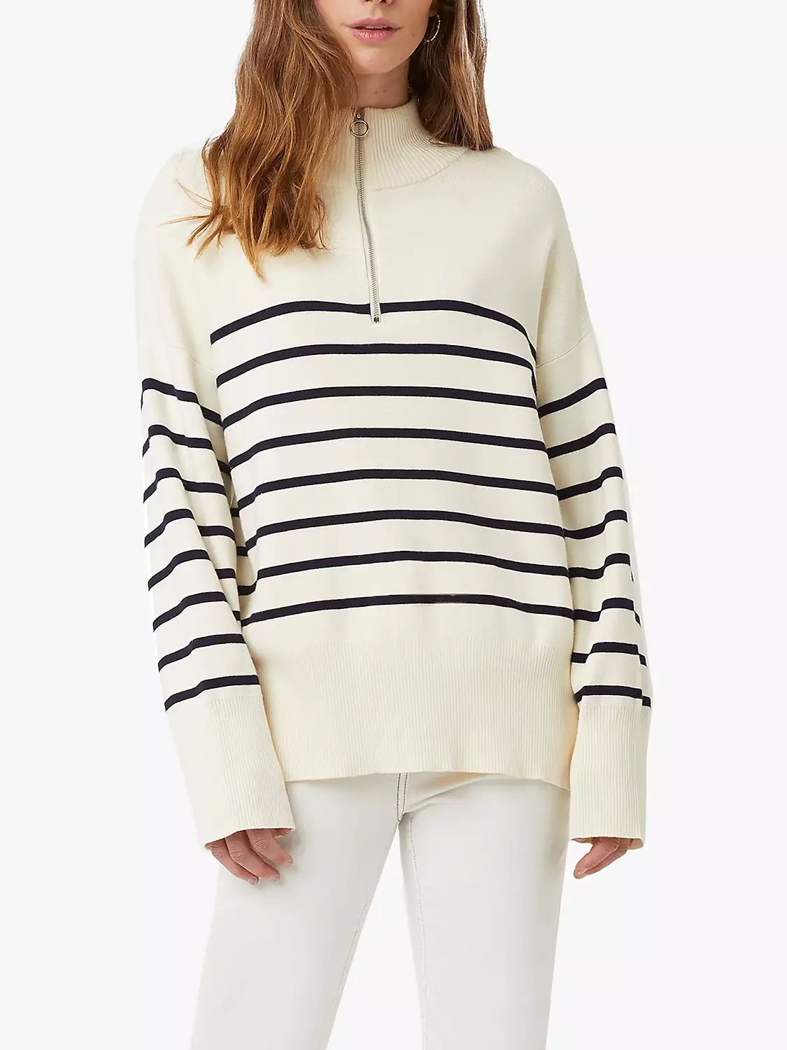 Great Plains Cordell Stripe Zip Neck Jumper, Cream/Dark Navy | John Lewis (UK)