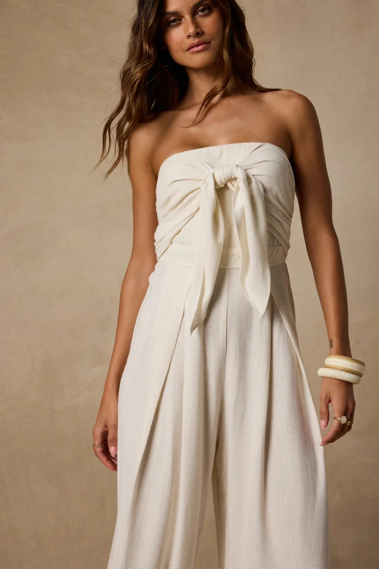 Wylda Light Beige Linen Tie-Front Jumpsuit | Lulus